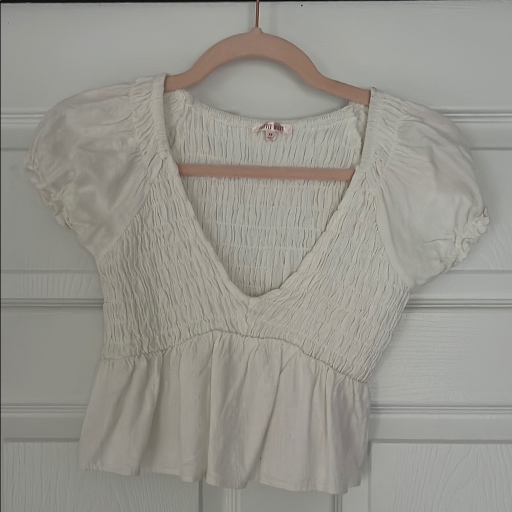 Cream Smocked Puff Sleeve Peplum Blouse